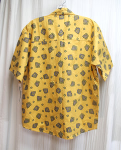 Vintage - Ilio - Golden Yellow Cotton Short Sleeve, Purple & Green Patterned Print Button Front Shirt - Size L (w/ Original Tag)