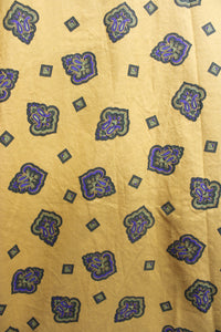 Vintage - Ilio - Golden Yellow Cotton Short Sleeve, Purple & Green Patterned Print Button Front Shirt - Size L (w/ Original Tag)