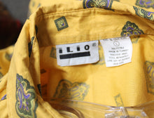 Load image into Gallery viewer, Vintage - Ilio - Golden Yellow Cotton Short Sleeve, Purple &amp; Green Patterned Print Button Front Shirt - Size L (w/ Original Tag)