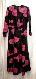 Vintage Handmade - Black w/ Rose Red Floral w/ Gold Metallic Threads, Long Sleeve, V-Neck Maxi Dress w/ Matching Belt - See Measurements 30" Waist