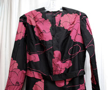 Load image into Gallery viewer, Vintage Handmade - Black w/ Rose Red Floral w/ Gold Metallic Threads, Long Sleeve, V-Neck Maxi Dress w/ Matching Belt - See Measurements 30&quot; Waist