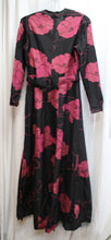 Load image into Gallery viewer, Vintage Handmade - Black w/ Rose Red Floral w/ Gold Metallic Threads, Long Sleeve, V-Neck Maxi Dress w/ Matching Belt - See Measurements 30&quot; Waist