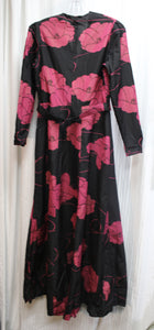 Vintage Handmade - Black w/ Rose Red Floral w/ Gold Metallic Threads, Long Sleeve, V-Neck Maxi Dress w/ Matching Belt - See Measurements 30" Waist