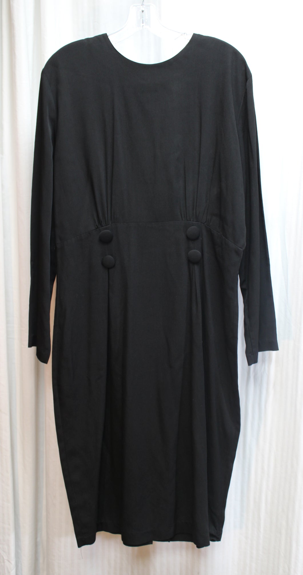 Vintage 80's - Hearts - Black Long Sleeve Lightweight Dress w/ Button Detailing At Waist - Size 12 (Vintage See Measurements 33