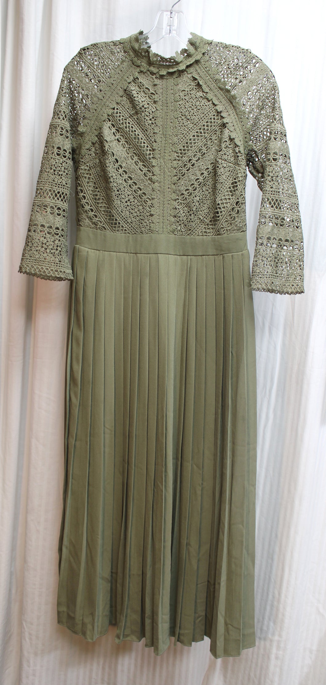 Little Mistress (UK) - Olive Green Crocheted Lace Bodice, Pleated Skirt Dress - Size 6 (w/ Tags)