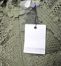 Load image into Gallery viewer, Little Mistress (UK) - Olive Green Crocheted Lace Bodice, Pleated Skirt Dress - Size 6 (w/ Tags)