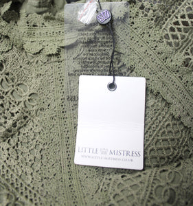 Little Mistress (UK) - Olive Green Crocheted Lace Bodice, Pleated Skirt Dress - Size 6 (w/ Tags)