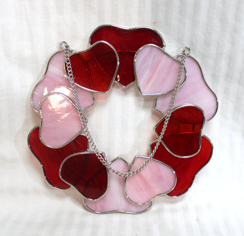 Red & Pink Stained Glass Hearts Suncatcher 9.5
