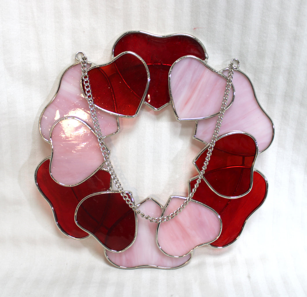 Red & Pink Stained Glass Hearts Suncatcher 9.5