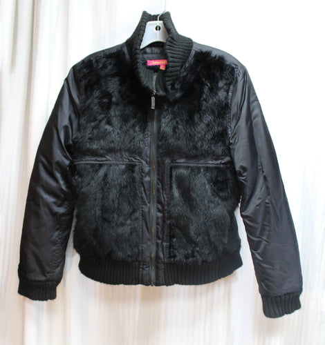 Vintage Y2K - Jennifer J. - Black Rabbit Fur & Nylon Bomber Jacket - Size L