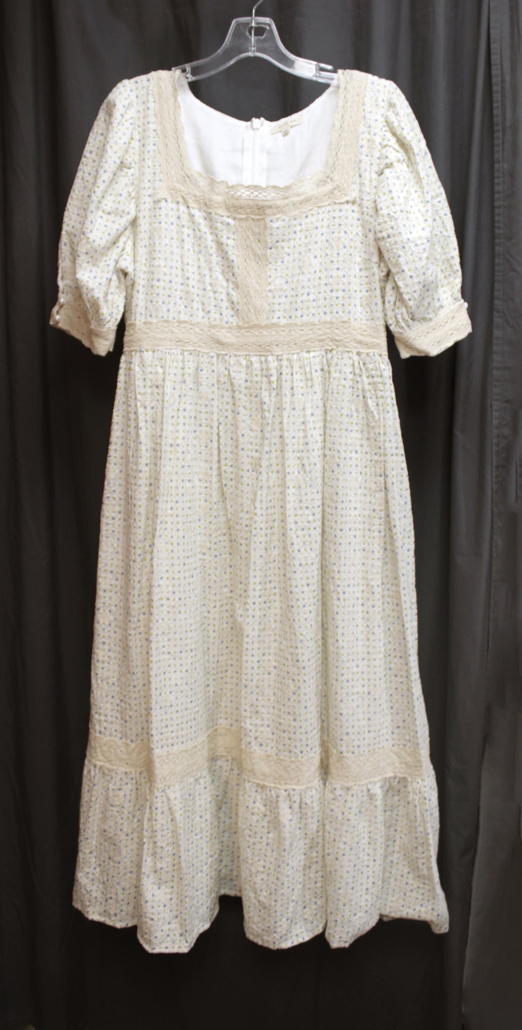 Just Me - Cream Floral All Over Embroidered w/ Blue & Green Polka Dots, Prairie/Cottage Core Dress w/ Lace Trims - Size L