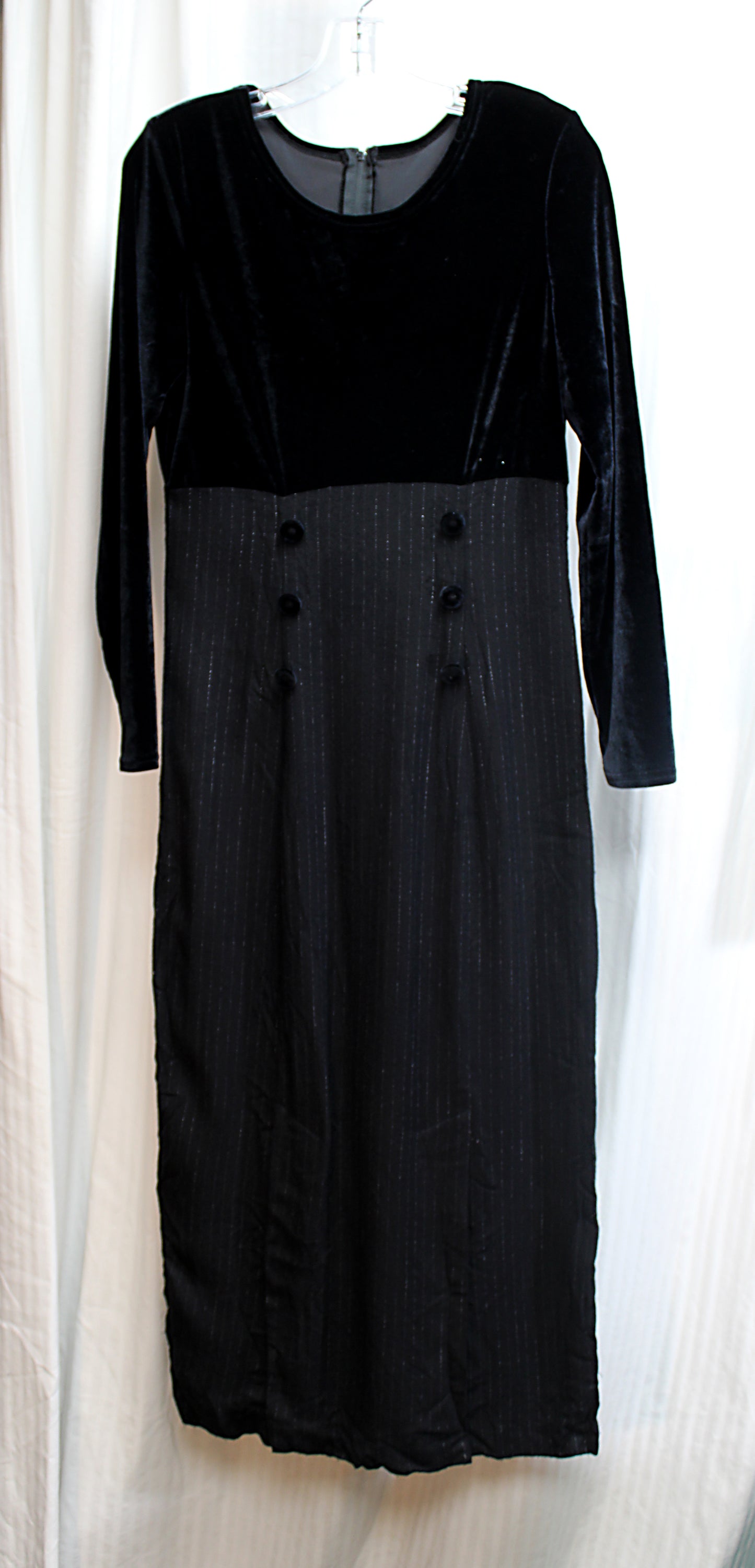 Vintage - Jeffrey & Dara by Linda Hutley & Evelyn Socias - Black Velvet Bodice & Pinstripe Skirted Dress w/ Velvet Button Details - Size 10 (Vintage, See Measurements 30" Waist Area)