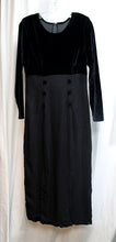 Load image into Gallery viewer, Vintage - Jeffrey &amp; Dara by Linda Hutley &amp; Evelyn Socias - Black Velvet Bodice &amp; Pinstripe Skirted Dress w/ Velvet Button Details - Size 10 (Vintage, See Measurements 30&quot; Waist Area)