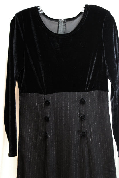 Vintage - Jeffrey & Dara by Linda Hutley & Evelyn Socias - Black Velvet Bodice & Pinstripe Skirted Dress w/ Velvet Button Details - Size 10 (Vintage, See Measurements 30" Waist Area)
