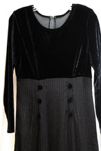 Load image into Gallery viewer, Vintage - Jeffrey &amp; Dara by Linda Hutley &amp; Evelyn Socias - Black Velvet Bodice &amp; Pinstripe Skirted Dress w/ Velvet Button Details - Size 10 (Vintage, See Measurements 30&quot; Waist Area)