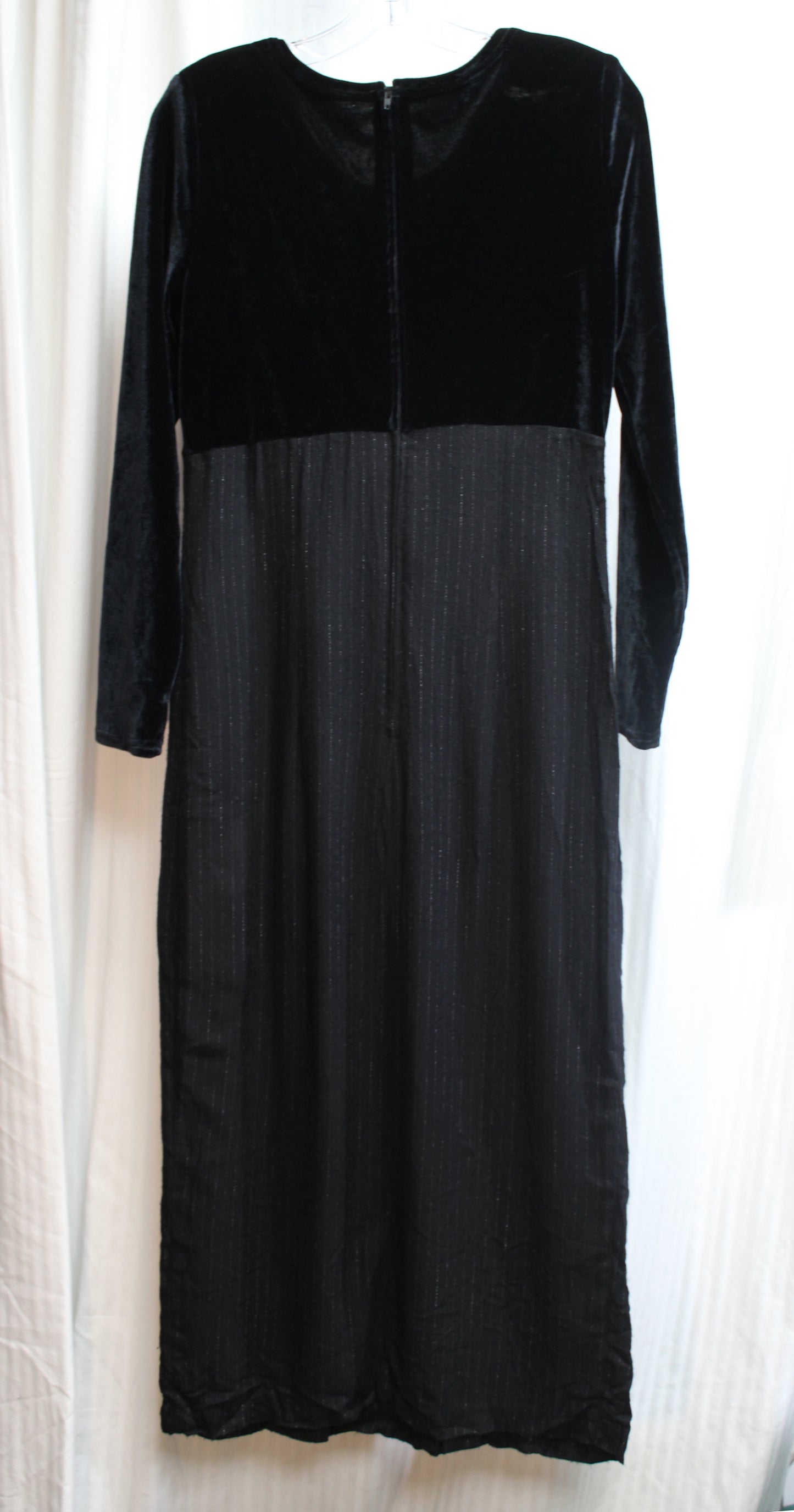 Vintage - Jeffrey & Dara by Linda Hutley & Evelyn Socias - Black Velvet Bodice & Pinstripe Skirted Dress w/ Velvet Button Details - Size 10 (Vintage, See Measurements 30" Waist Area)