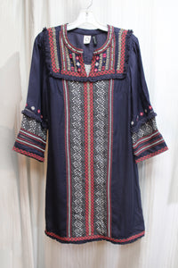 Anthropologie, Akemi & Kin - Navy Bohemian 3/4th Sleeve Embroidered Tunic Dress - Size 8