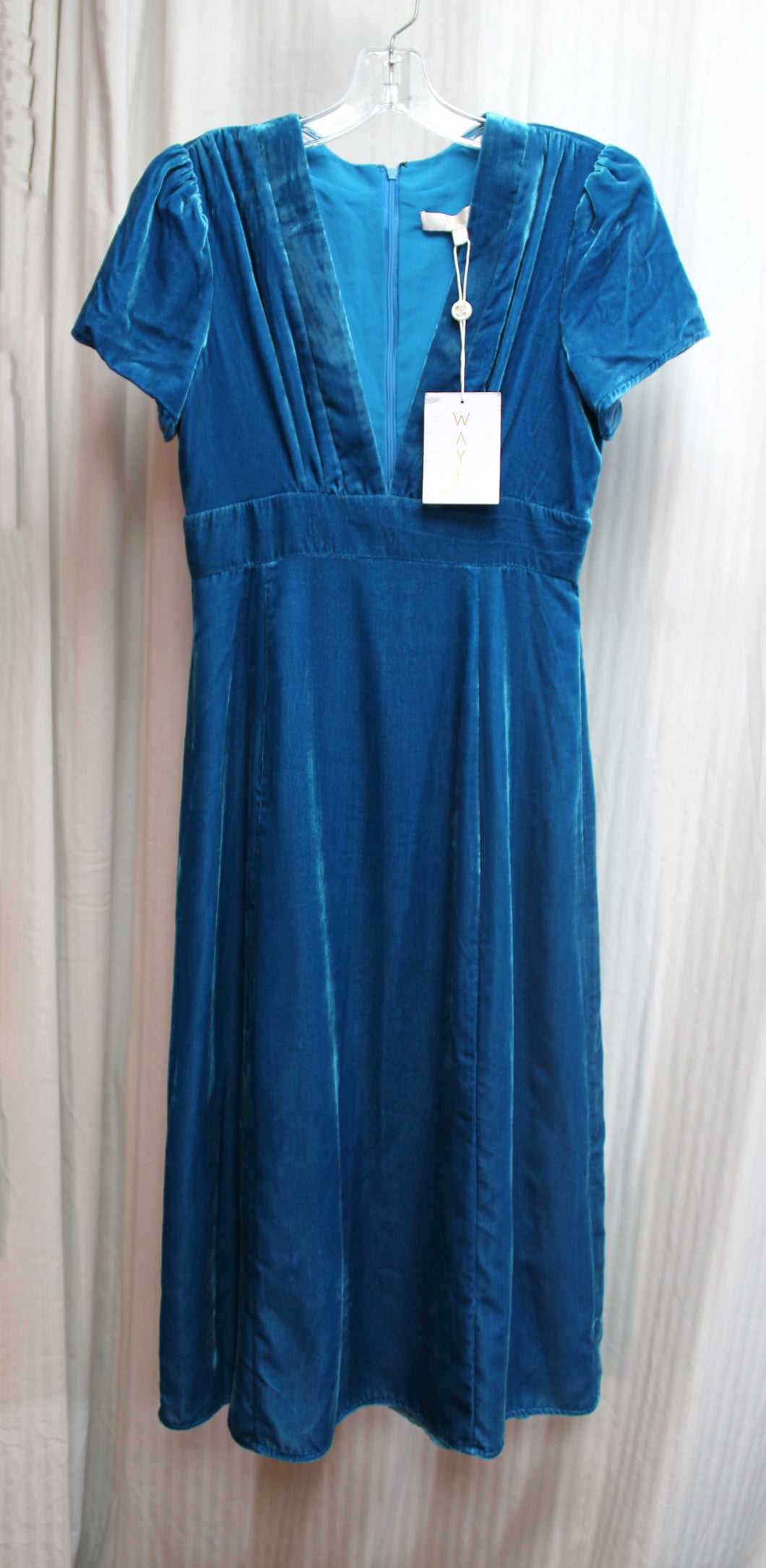 WAYF (Where Are You From) - Peacock Blue Velvet, V-Neck Empire Waist Dress - Size XS (w/ Tags)