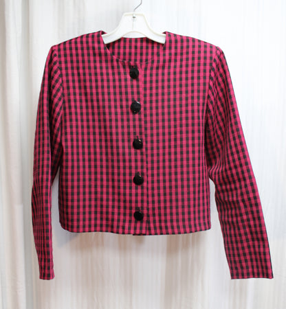 Vintage - Philippe-Marcel - Rose Red & Black Check, Cropped Jacket w/ Large Buttons- Size 8 (Vintage, See Measurements 19.5" Chest Pit to Pit)