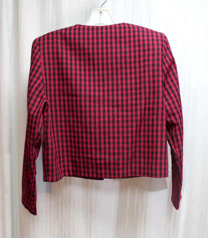 Vintage - Philippe-Marcel - Rose Red & Black Check, Cropped Jacket w/ Large Buttons- Size 8 (Vintage, See Measurements 19.5" Chest Pit to Pit)