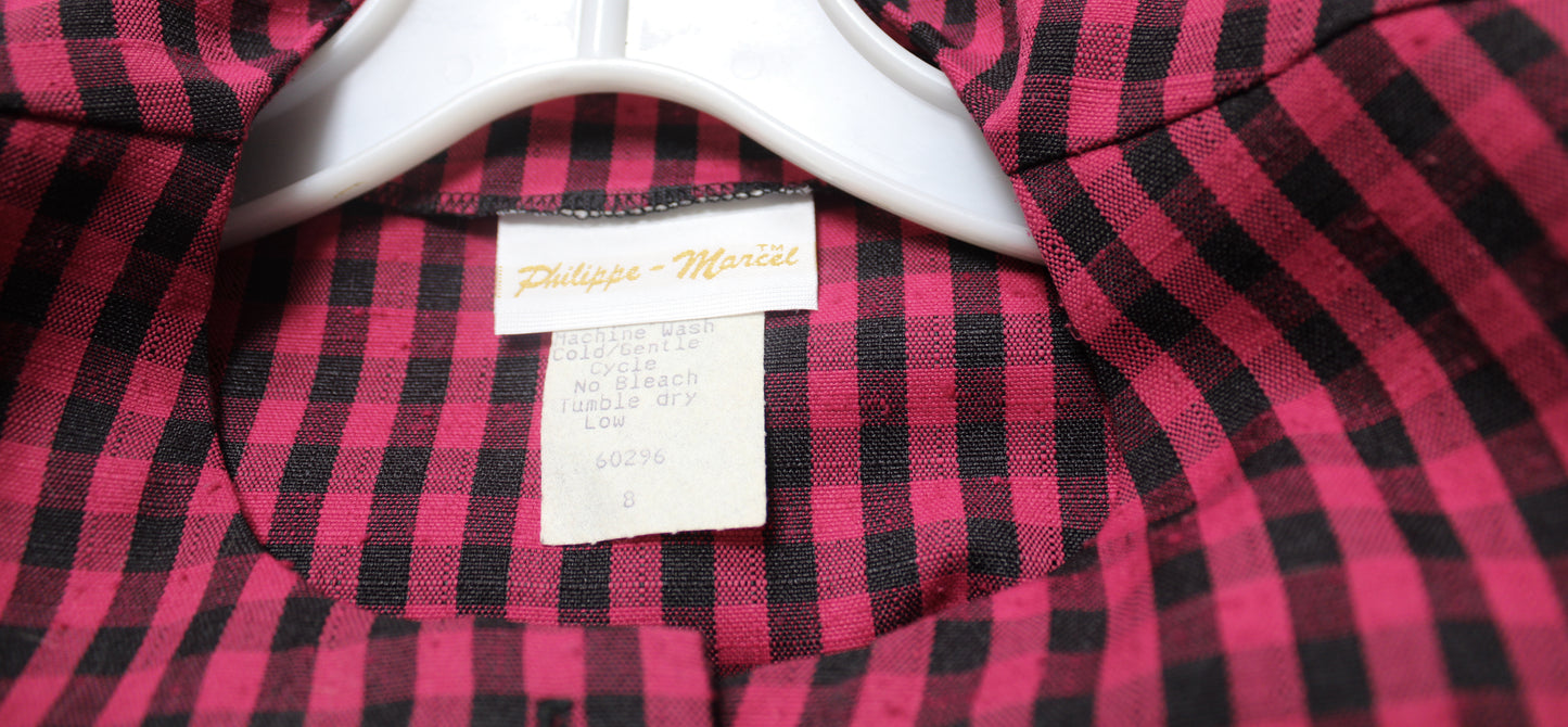 Vintage - Philippe-Marcel - Rose Red & Black Check, Cropped Jacket w/ Large Buttons- Size 8 (Vintage, See Measurements 19.5" Chest Pit to Pit)