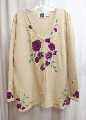 Storybook Knits - Adorable Beige V-Neck Embroidered Purple Roses w/ Sequins Cardigan Sweater w/ Floral Buttons - Size 1X