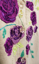 Load image into Gallery viewer, Storybook Knits - Adorable Beige V-Neck Embroidered Purple Roses w/ Sequins Cardigan Sweater w/ Floral Buttons - Size 1X