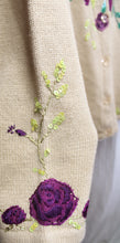 Load image into Gallery viewer, Storybook Knits - Adorable Beige V-Neck Embroidered Purple Roses w/ Sequins Cardigan Sweater w/ Floral Buttons - Size 1X