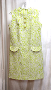Vintage 1960's -College Girl New York - Sleeveless Green & Gray 3D Paisley Lace Texture Mod Dress - See Measurements 32.5" Waist Area