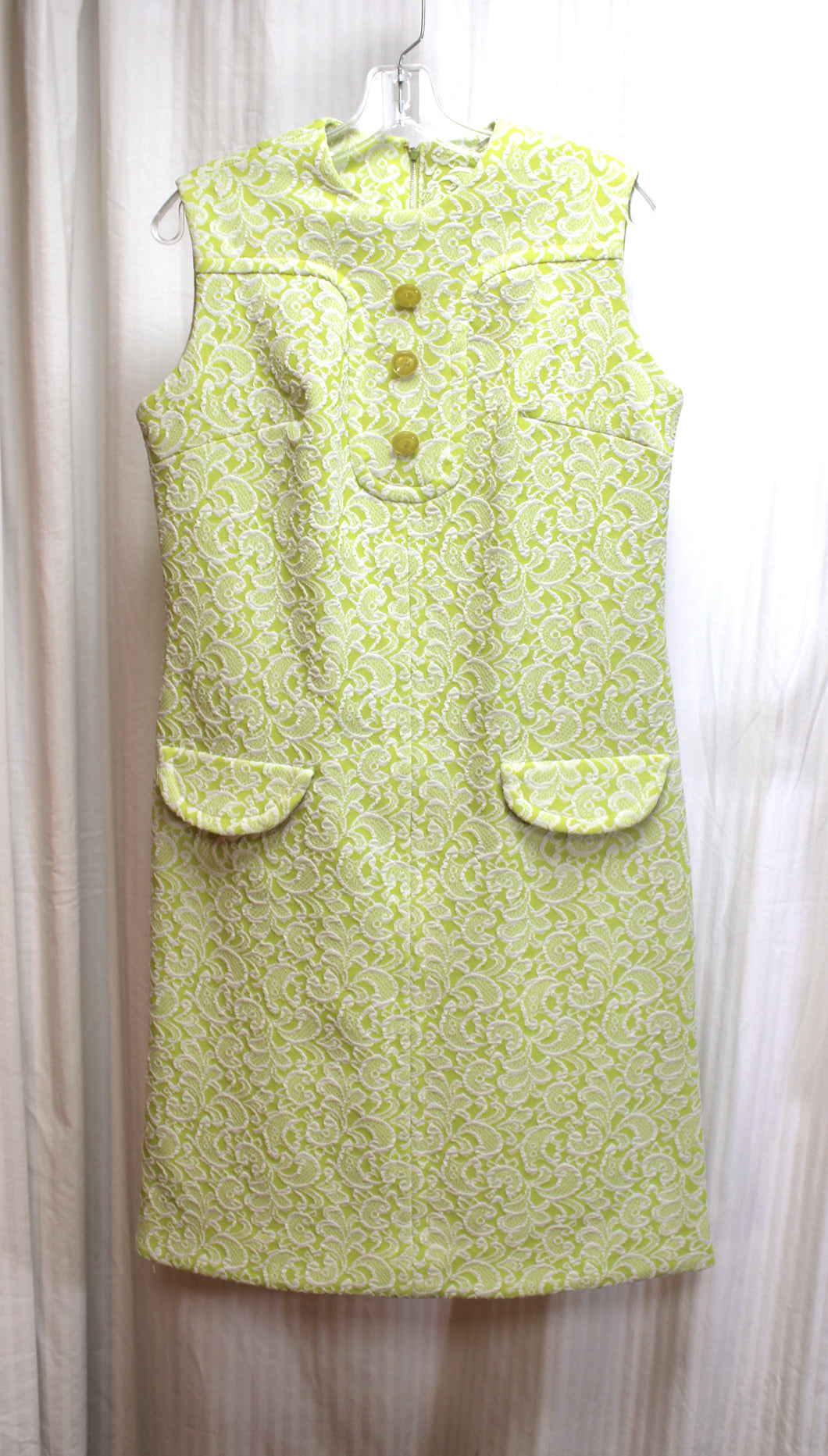 Vintage 1960's -College Girl New York - Sleeveless Green & Gray 3D Paisley Lace Texture Mod Dress - See Measurements 32.5