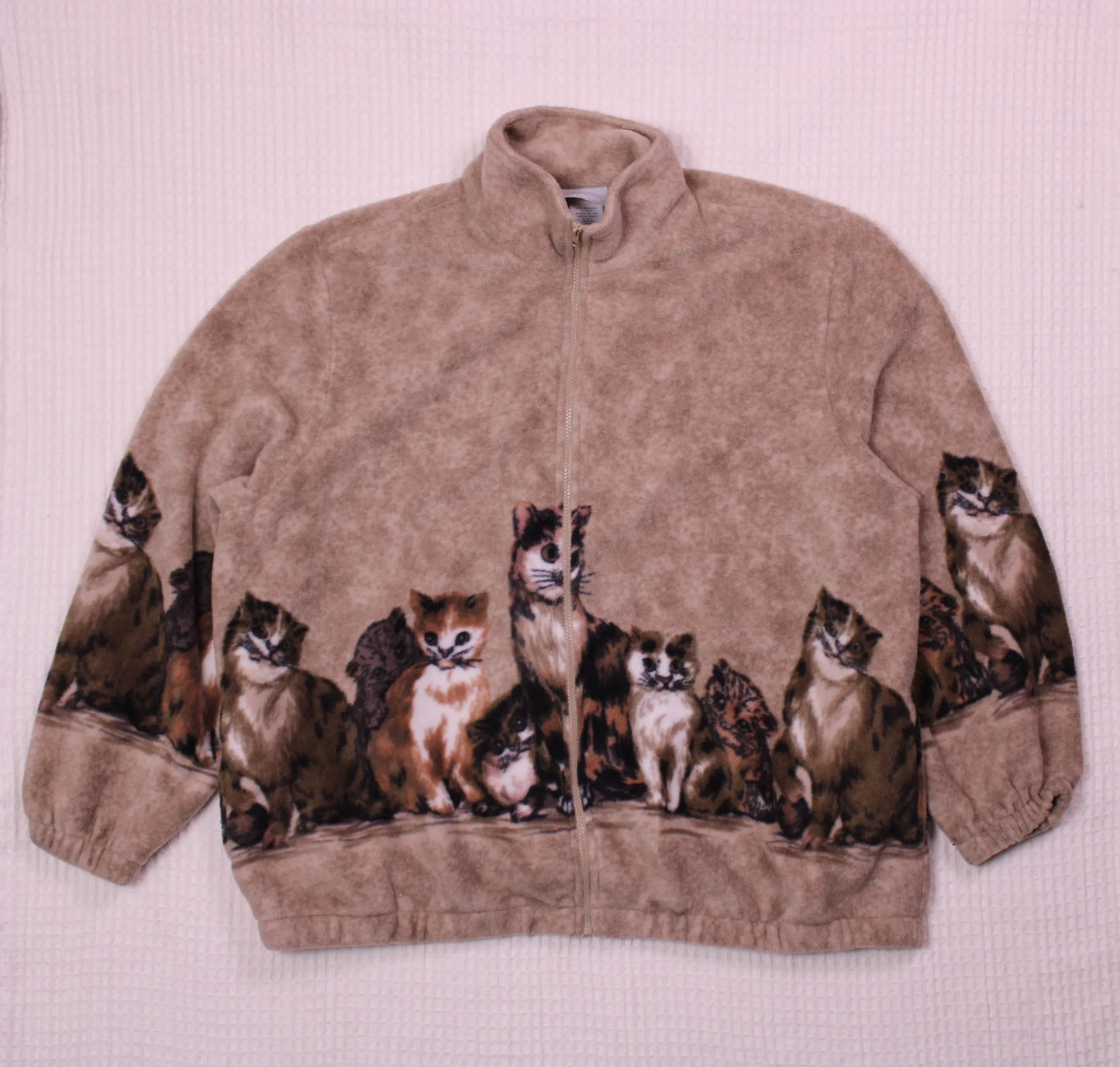 Blair - Vintage - Tan Cat Print Full-zip Fleece Jacket - Size 2XL