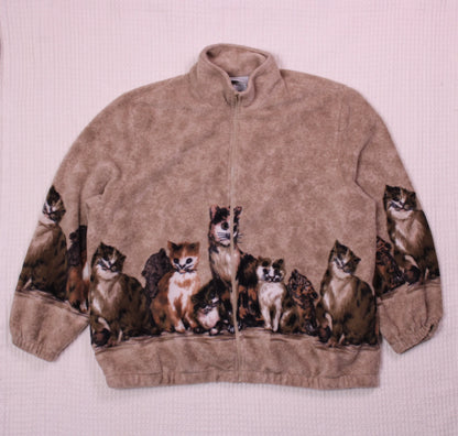 Blair - Vintage - Tan Cat Print Full-zip Fleece Jacket - Size 2XL