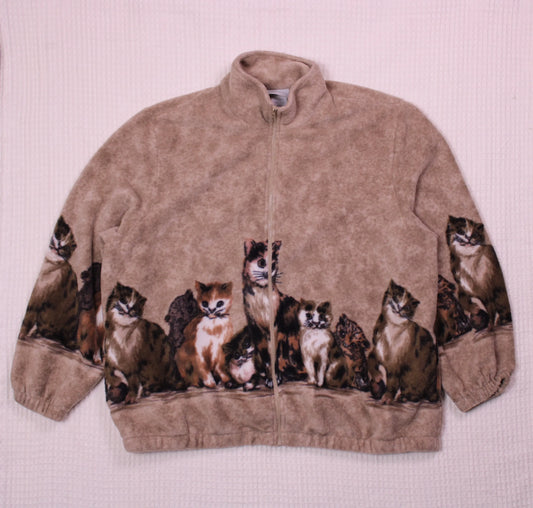Blair - Vintage - Tan Cat Print Full-zip Fleece Jacket - Size 2XL