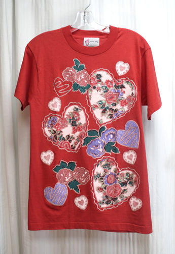 Vintage - Boomerang -  Red, Single Stitch, Puff Paint Hearts & Roses Art to Wear w/ Glitter Accents T-Shirt - Size M