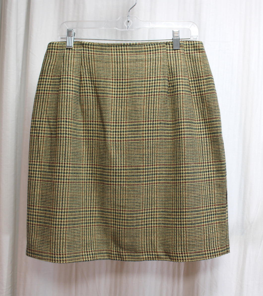 Vintage - Ellen Ashley -  Wool Blend Tan, Green & Rust Houndstooth Plaid Skirt - Size 14 (See Measurements 30.75 Waist)
