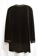 Load image into Gallery viewer, Vivienne Lawrence - Black Velvet Tunic Jacket w/ Embroidered Neck and Cuff Trim &amp; Fabric Flowers -Size 14 (See Measurements)