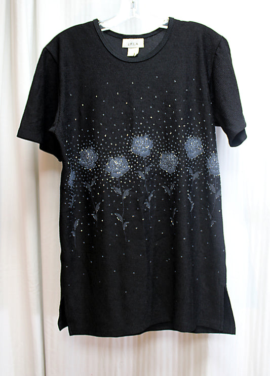 Vintage - JPLA -  Black Short Sleeve Gray Roses & Beads/Crystals Top - Size S