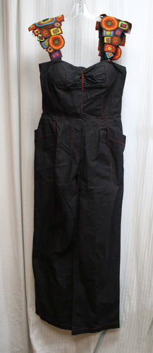 Gisele Barbosa, Feito a Mao (Handmade) Brazil- Unique Jumpsuit w/ Red Contrast Trim & Embroidered Wide Shoulder Straps- Size 38 (US 4) w/ Tags