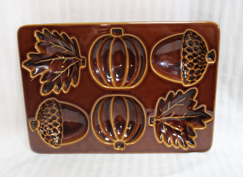 Crate and Barrel - Oak Leaf, Acorn & Pumpkin Brown Ceramic Bread/Cakelet Pan