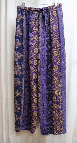 Vintage - Clio - 100% Silk - Purple & Blue Boho Print Wide Leg Lounge Pants - Size L