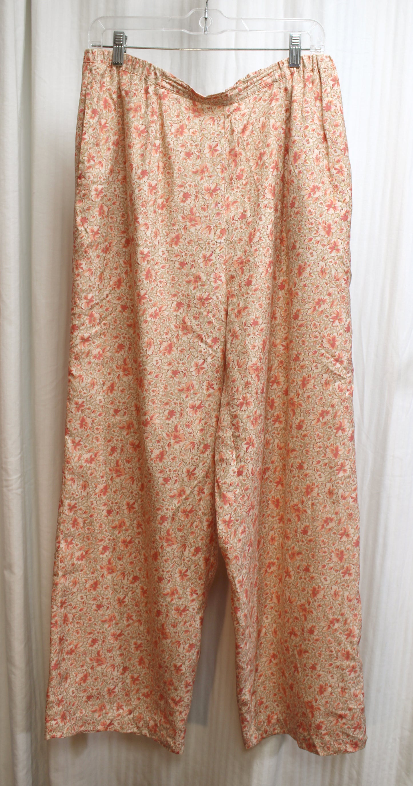 Coldwater Creek - 100% Silk Peachy Floral, Wide Leg Lounge Pants w/ Pockets - Size L