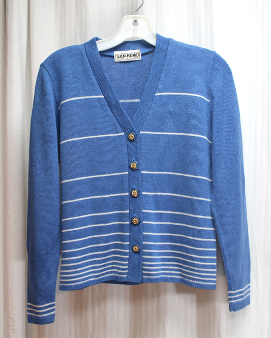 Vintage - San  Remo Petites - Blue w/ White Stripes V- Neck Cardigan Sweater - Size S