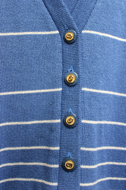 Vintage - San  Remo Petites - Blue w/ White Stripes V- Neck Cardigan Sweater - Size S
