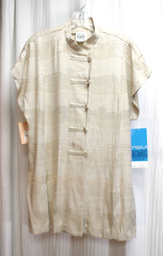 Vintage - R&M Richards by Karen Kwong - Beige Pearl Swirl Jaquard Asian Inspired Loop Over Buttons Front, Tunic Top - Size 16 (See Measurements) (w/ Tags)