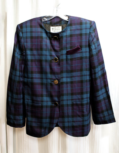 Stirling Cooper - Blue, Black & Purple Plaid, Round Neck Blazer w/ Pocket Square - Size 10