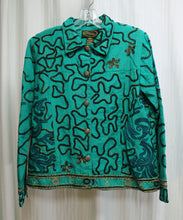 Load image into Gallery viewer, Vintage - Alex Kim - Green w/ Ribbon Applique, Beading &amp; Embroidery, Art to Wear Button Front Jacket - Size: Petite Small