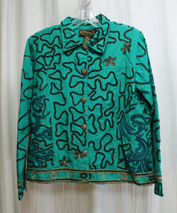 Vintage - Alex Kim - Green w/ Ribbon Applique, Beading & Embroidery, Art to Wear Button Front Jacket - Size: Petite Small