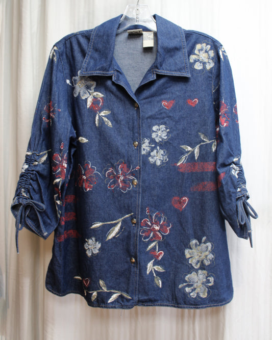 Vintage - Koret City Blues - Denim Blue Cotton Chambray w/ Burgundy & White Flowers w/ Subtle Sequins - Button Front Shirt - Size M