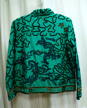 Load image into Gallery viewer, Vintage - Alex Kim - Green w/ Ribbon Applique, Beading &amp; Embroidery, Art to Wear Button Front Jacket - Size: Petite Small