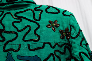 Vintage - Alex Kim - Green w/ Ribbon Applique, Beading & Embroidery, Art to Wear Button Front Jacket - Size: Petite Small